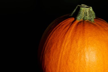   Cadılar Bayramı için karanlıkta bal kabağı yakın plan.                             