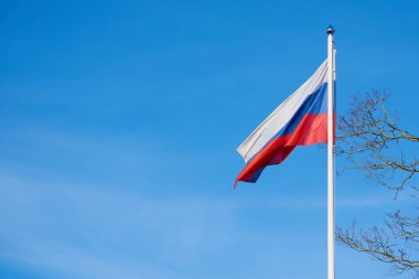 Gökyüzü arka planında rüzgarda dalgalanan Rus bayrağı                                