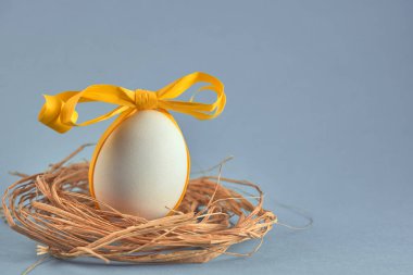 Menekşe arka planda turuncu kurdeleli bir yuvada beyaz bir yumurta. Bahar konsepti.