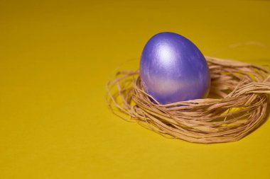 Sarı arka planda, yuvadaki inci renkli yumurta. Paskalya konsepti.