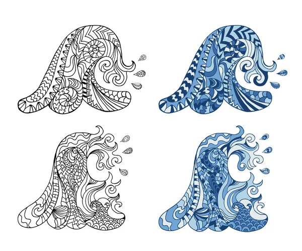 Olas y gotas zentangle dibujadas a mano — Vector de stock