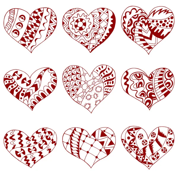 Conjunto de corazones rojos zentangle — Vector de stock