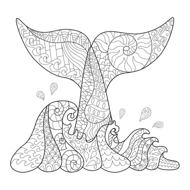 Hand drawn zentangle waves and whale tail 