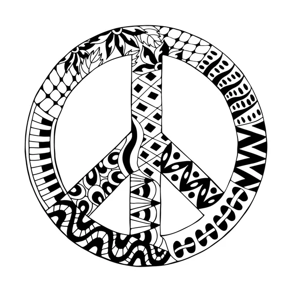 Hippie vintage peace symbol in zentangle style — Stock Vector