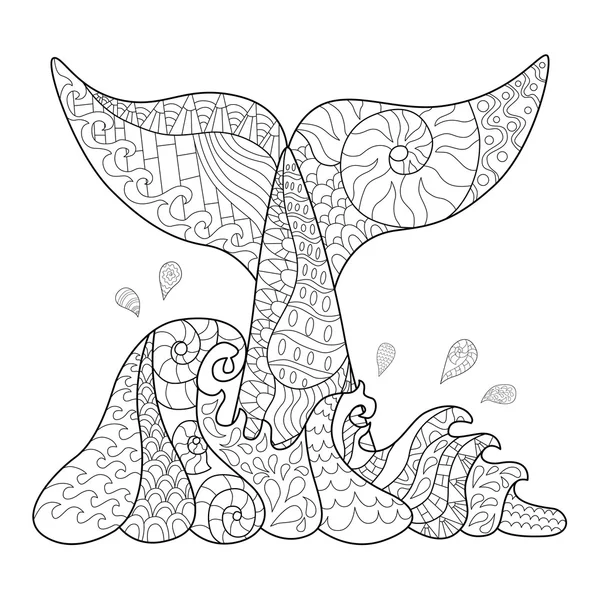 Hand drawn zentangle waves and whale tail — 스톡 벡터