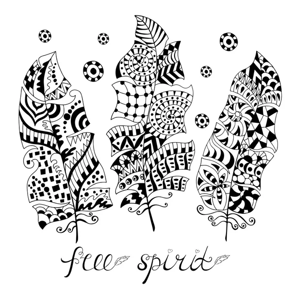 Sey of hand drawn stylized feathers. Stock Illustration