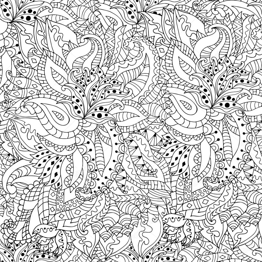 Hand drawn zentangle flowers and leaves seamless pattern