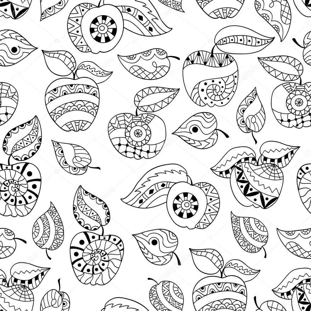 Hand drawn apples and leaves for anti stress colouring page. Sea