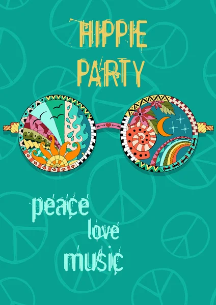 Hippie party poster. Hippy background with sun glasses. — Stock Vector