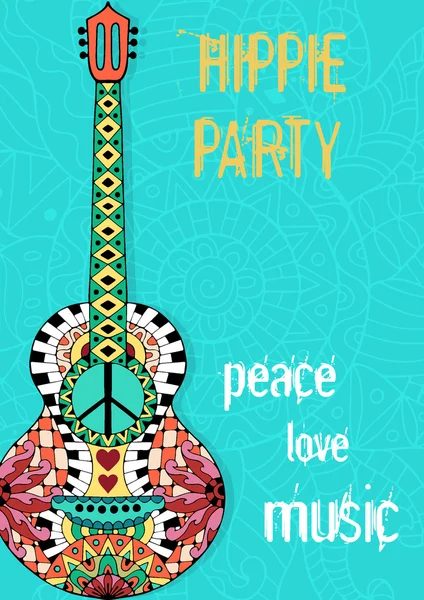 Hippie party poster. Hippy background with acoustic guitar. — Stock Vector