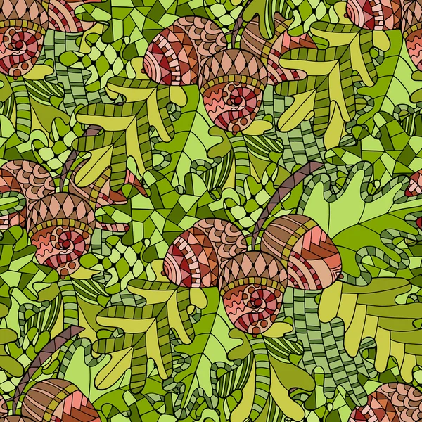Seamless pattern with oak brunch, leaves and acorns in doodle st — Stock Vector