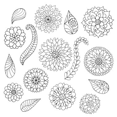 Siyah beyaz doodle çiçek ve yaprakları seti.