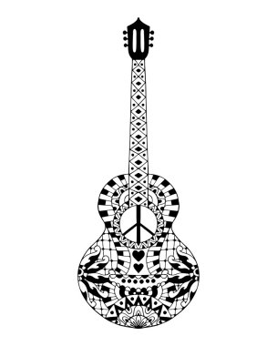 Anti stres boyama sayfası için el çizilmiş hippi akustik gitar