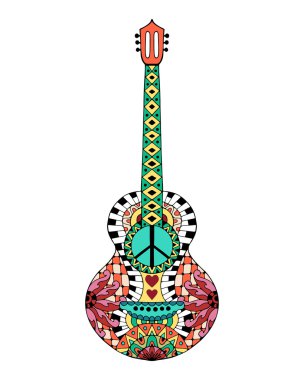 Anti stres boyama sayfası için el çizilmiş hippi akustik gitar