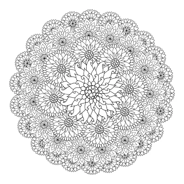 Black and white circle floral ornament. Round lace flower mandal — Stock Vector