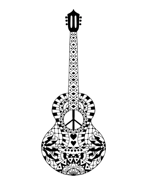Anti stres boyama sayfası için el çizilmiş hippi akustik gitar
