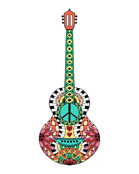 Hand drawn hippie acoustic guitar for anti stress colouring page — Stock Vector