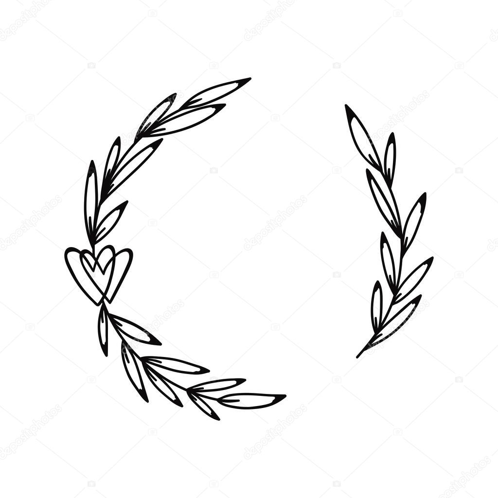 Hand drawn laurel wreath with hearts vector illustration isolated on white background.