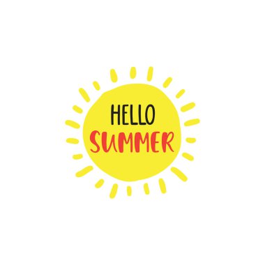 Merhaba Summer, karalama güneşiyle el yazısı pozitif alıntı. Tatil tipografi tasarımı. 