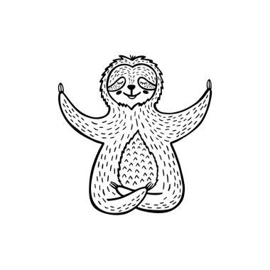 Çizgi film tembeli ayı lotus pozisyonunda meditasyon yapar. El çizimi şirin karalama vektör çizimi. 