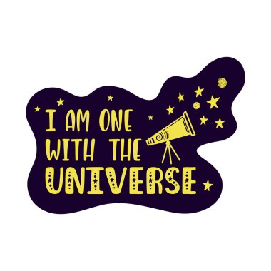 İlham verici vektör harfleri: Evrenle bir oldum. El çizimi çocuk posteri. 