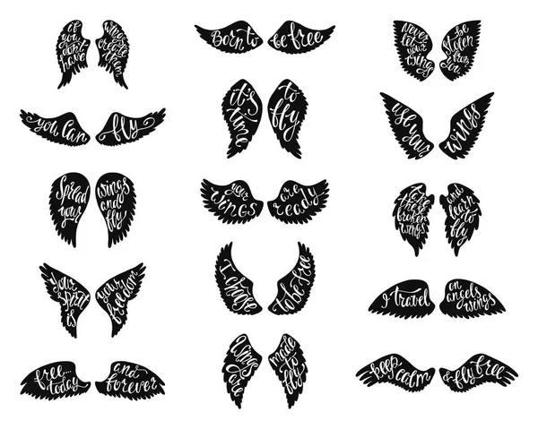 Sada siluet andělských křídel s rukopisnými inspirativními uvozovkami. — Stockový vektor