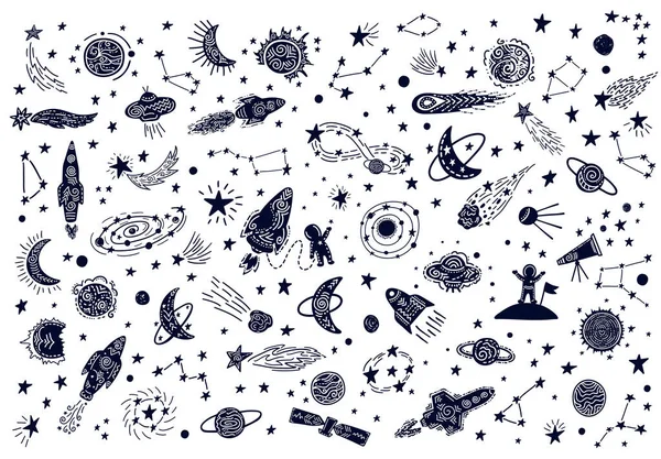 Kozmos teması üzerine siyah beyaz karalama çizimleri koleksiyonu — Stok Vektör