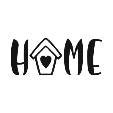 - Eve. Ev silueti ile el çizimi vektör metni. 