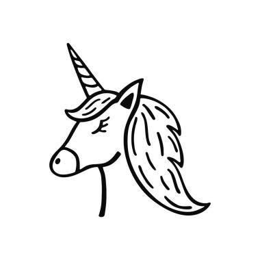 Tek boynuzlu at. Beyaz arkaplanda el çizimi vektör simgesi izole.