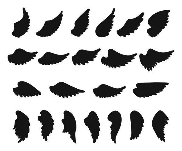 Set of hand drawn angel or bird wings silhouettes. Monochrome drawing elements. — Stock Vector