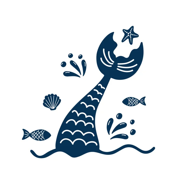 Sjöjungfrur svans siluett med fiskar, stänk, skal, sjöstjärnor. — Stock vektor
