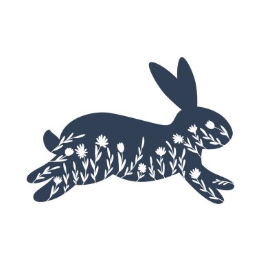 Mutlu Paskalya tebrik kartları, çiçeklerle süslenmiş tavşan ikonu..