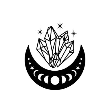 Kuvars kristalli el yapımı hilal. Ay ruhani tasarımı aşamalar. Göksel vektör çizimi beyaz arkaplanda izole edildi. Boho tarzında esrarengiz bir dövme. Kutsal geometri zirvesi.