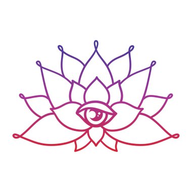 Elle çizilmiş nilüfer çiçeği dövmesi, üçüncü gözle. Çizgisel mandala deseni doğrusal olarak. Boho ana hatlı vektör çizimi beyaz arkaplanda izole edildi. Gizemli Kızılderili sembolü.