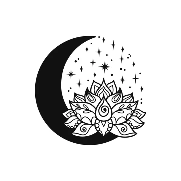 Χειροποίητο Λουλούδι Λωτού Και Μισό Φεγγάρι Μυστικιστικός Πνευματικός Σχεδιασμός Ουράνια — Διανυσματικό Αρχείο