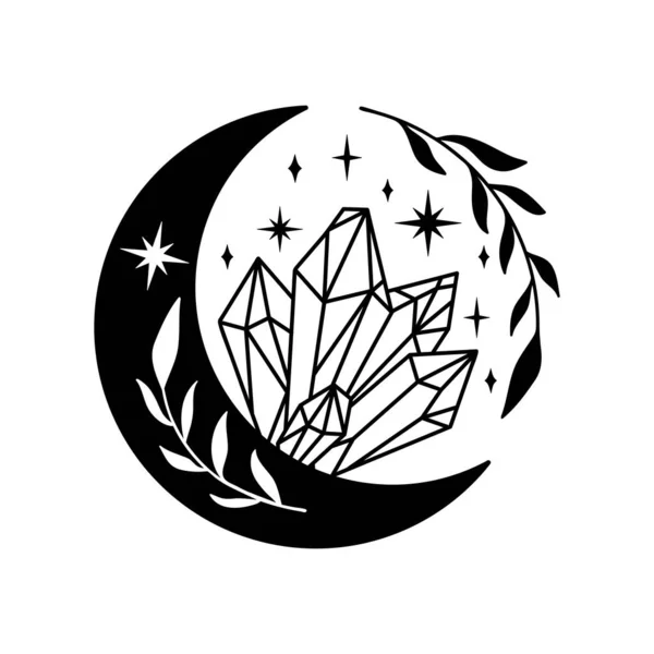 Ručně Kreslený Srpek Měsíce Křemennými Krystaly Měsíční Fáze Duchovního Designu — Stockový vektor