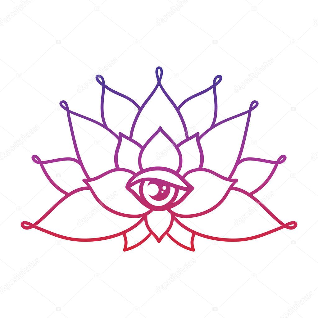 Hand drawn lotus flower tattoo design with third eye. Graphic mandala pattern in linear style. Boho outline vector illustration isolated on white background. Doodle mystic indian symbol.