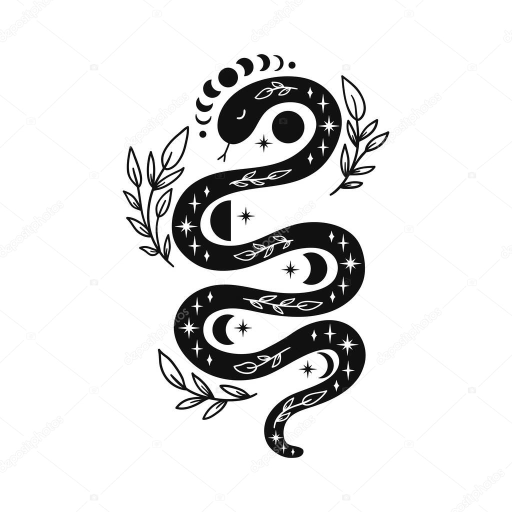 Mystical snake with moon phases and floral elements. Celestial tattoo design. Boho esoteric vector illustration isolated on white background. Magical reptile alchemy symbol.