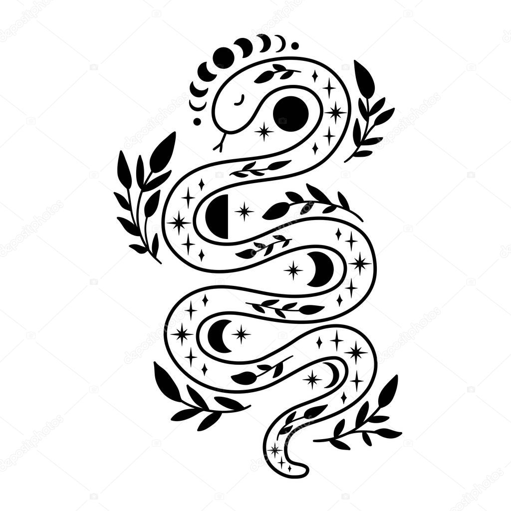 Mystical snake with moon phases and floral elements. Celestial tattoo design. Boho esoteric vector illustration isolated in linear style on white background. Magical reptile outline alchemy symbol.