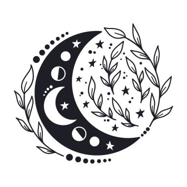 Hilal şeklindeki el çizimi ay ve dalgalı elementler.