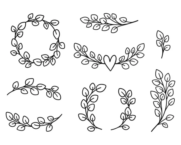 Ghirlande di eucalipto e fascio di bordi. Cornici floreali elementi disegnati a mano. — Vettoriale Stock