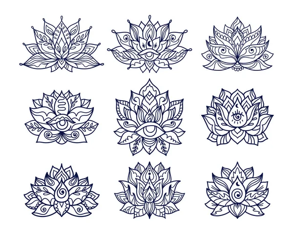 Σύνολο ζωγραφισμένα στο χέρι σχέδια τατουάζ λουλούδι λωτού με τρίτο μάτι — Διανυσματικό Αρχείο