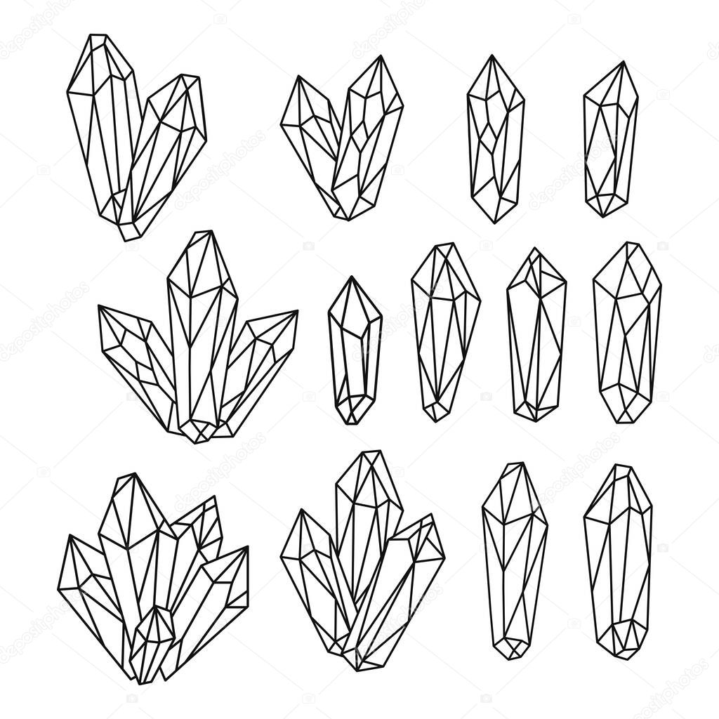 Set of hand drawn monochrome quartz crystals. Diamond jewelry silhouettes collection. Boho vector illustration in linear style isolated on white background.
