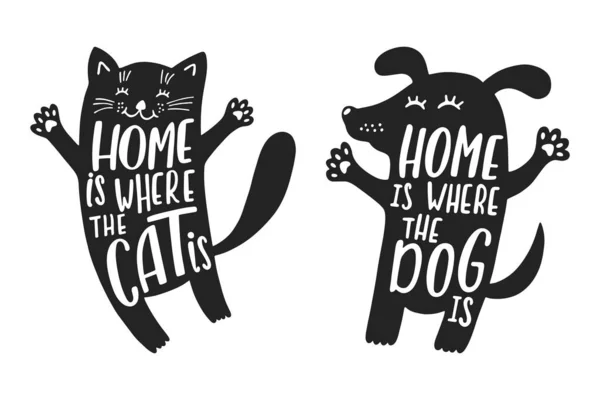 Kat en hond silhouetten met grappige quote over thuis. — Stockvector