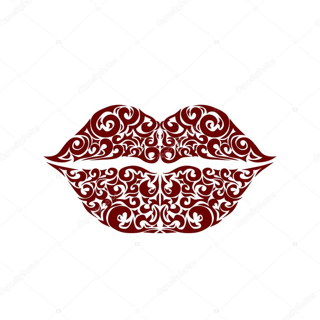 Ornate red lips icon logo kiss red lipstick.