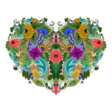 Hand drawn colorful flower heart in gypsy style.