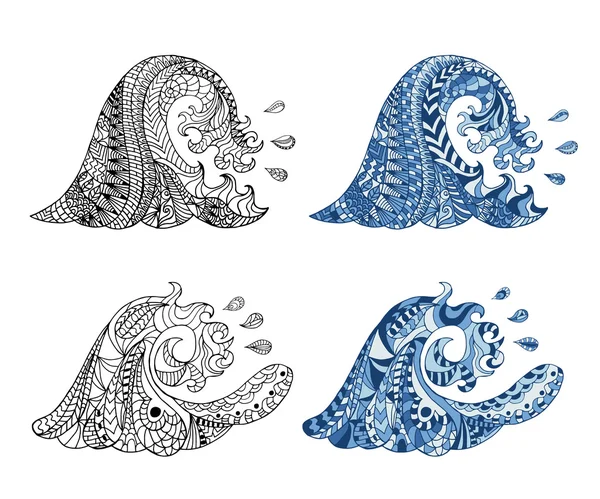 Hand drawn zentangle waves and drops for adult anti stress. — Stockový vektor