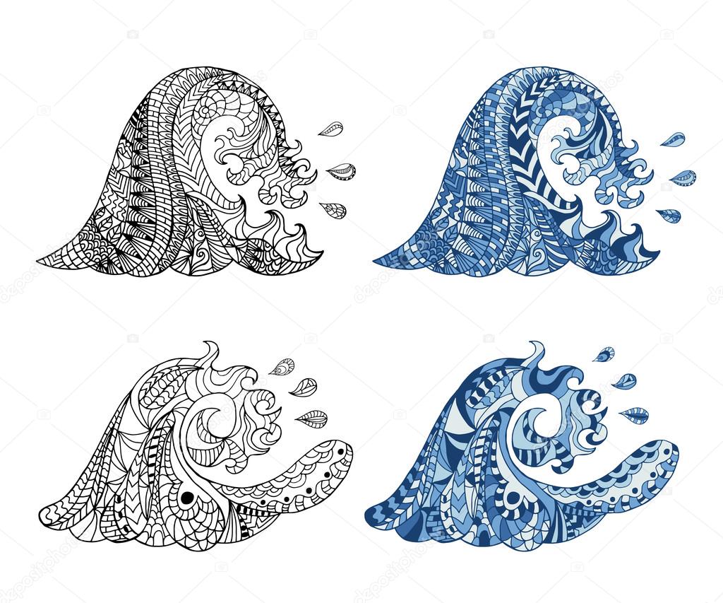 Hand drawn zentangle waves and drops for adult anti stress.