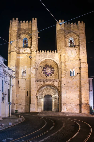 Lisbon Cathedral Illuminated Night Alfama District Portugal — Stockfoto