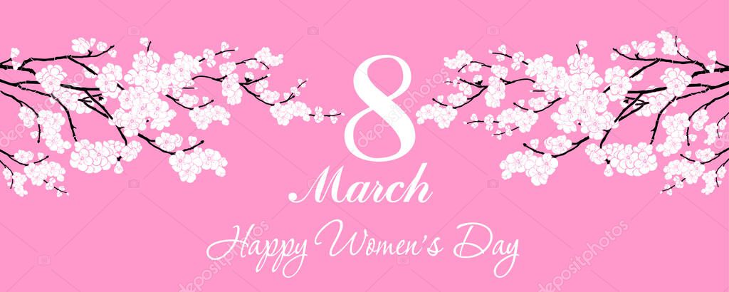 8 March. International Womens Day. Greeting card. Celebration  background with white flowers and place for your text. Horizontal Banner. Web banner design background for header Templates. Vector